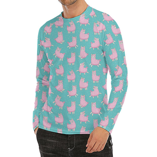 Cute Pink Llama Pattern Print Men's Long Sleeve Rash Guard