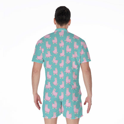 Cute Pink Llama Pattern Print Men's Rompers