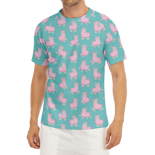 Cute Pink Llama Pattern Print Men's Short Sleeve Rash Guard