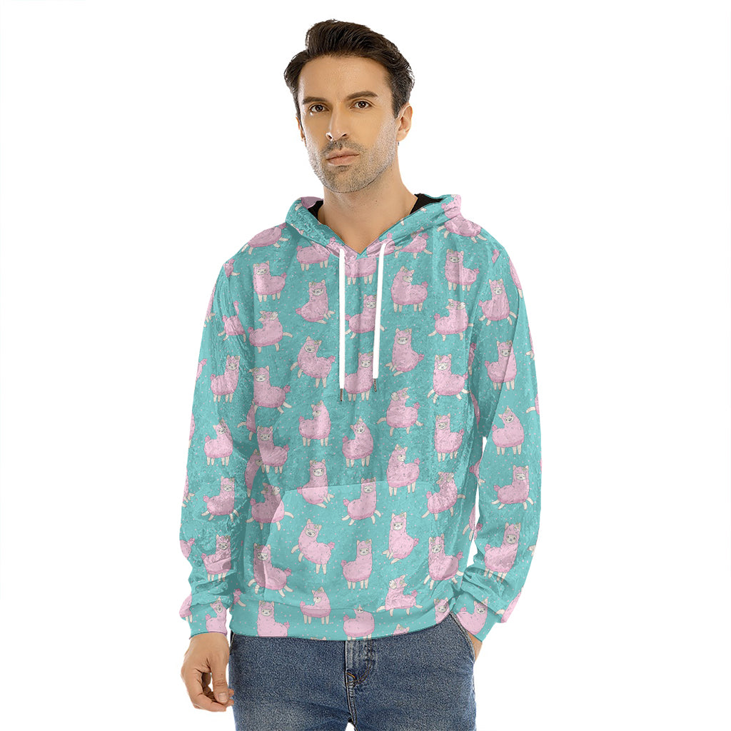 Cute Pink Llama Pattern Print Men's Velvet Pullover Hoodie