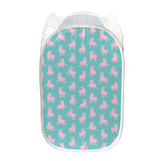 Cute Pink Llama Pattern Print Mesh Laundry Hamper