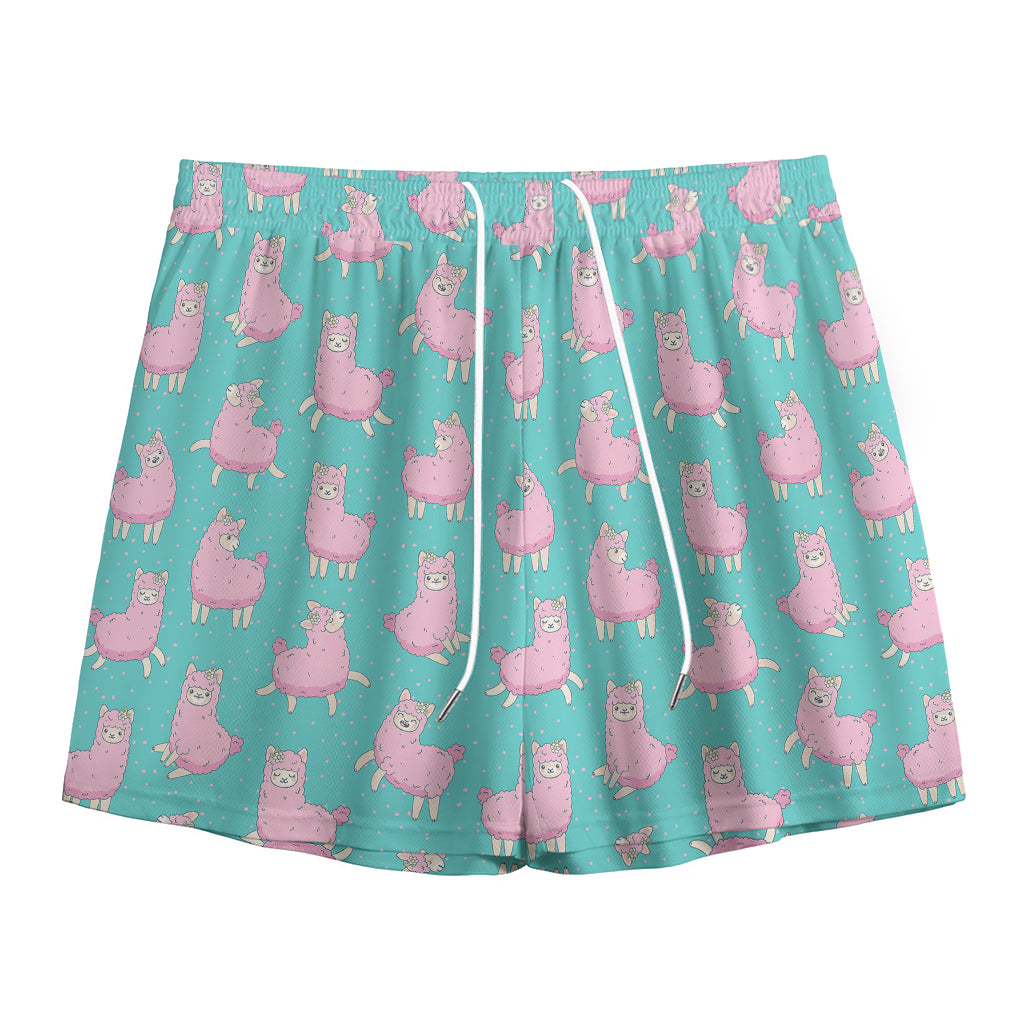 Cute Pink Llama Pattern Print Mesh Shorts