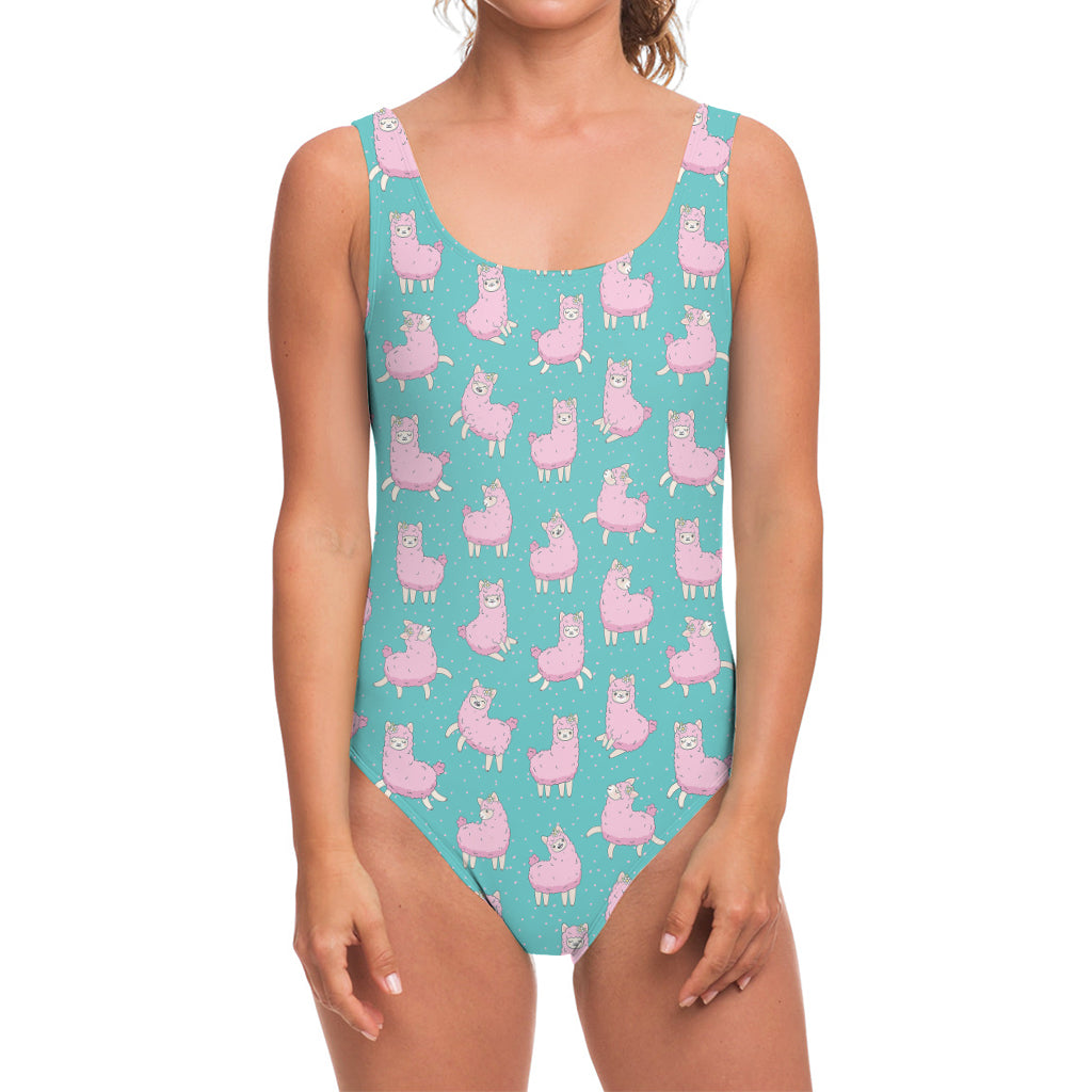 Cute Pink Llama Pattern Print One Piece Swimsuit