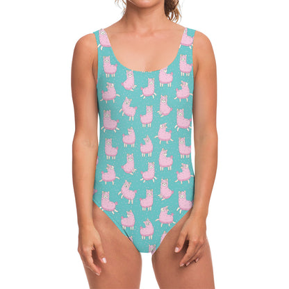 Cute Pink Llama Pattern Print One Piece Swimsuit
