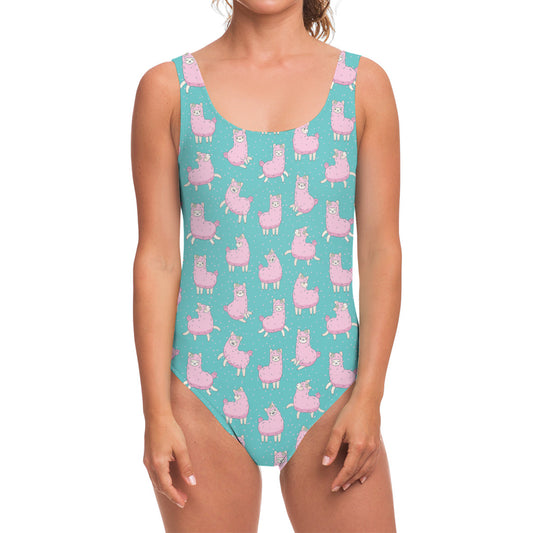 Cute Pink Llama Pattern Print One Piece Swimsuit