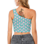Cute Pink Llama Pattern Print One Shoulder Crop Top