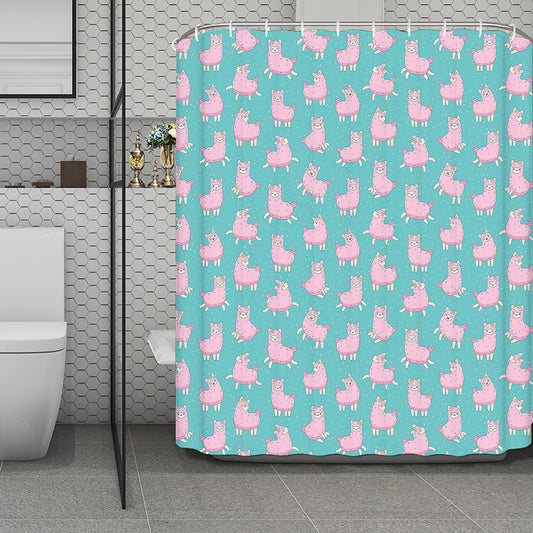 Cute Pink Llama Pattern Print Polyester Shower Curtain