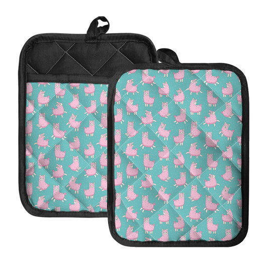 Cute Pink Llama Pattern Print Pot Holders With Pocket