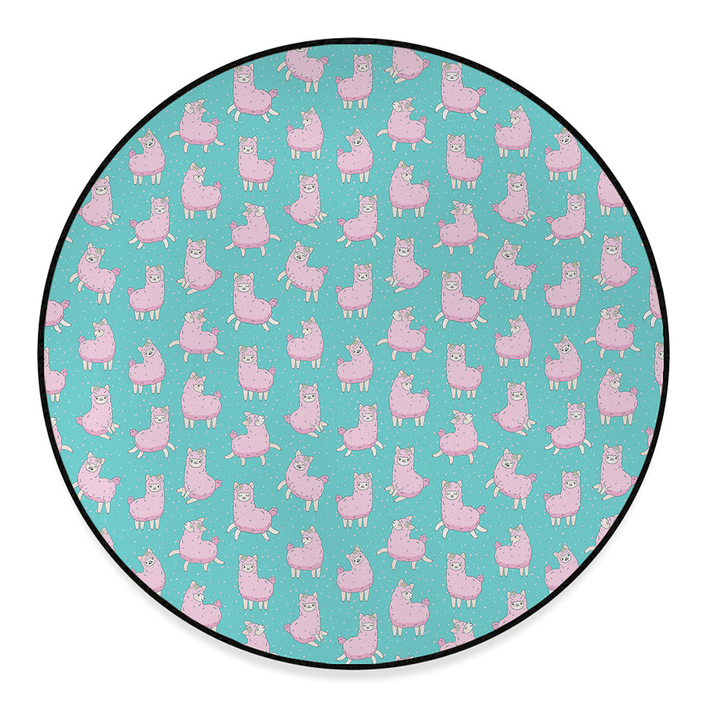 Cute Pink Llama Pattern Print Round Floor Mat