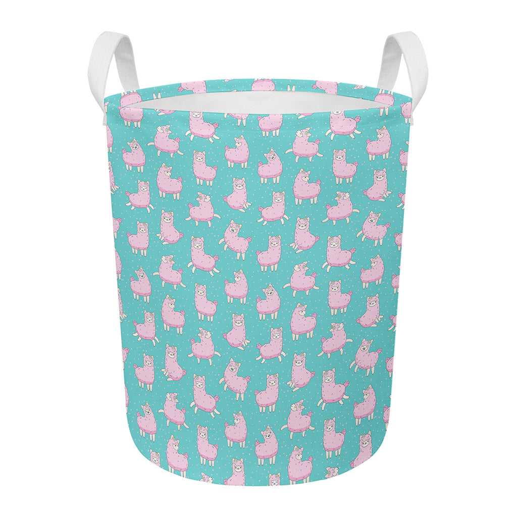 Cute Pink Llama Pattern Print Round Laundry Basket