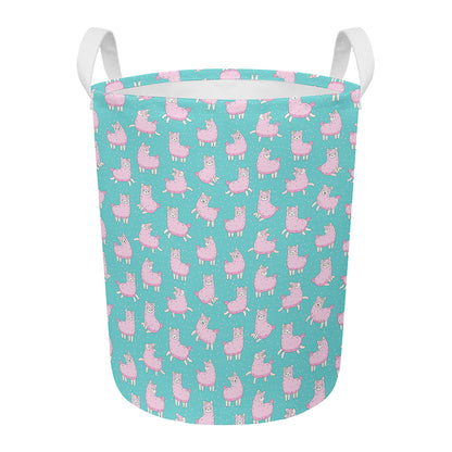 Cute Pink Llama Pattern Print Round Laundry Basket