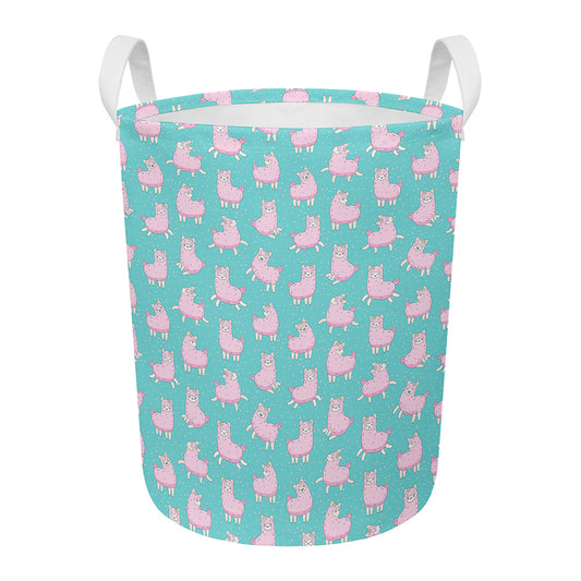 Cute Pink Llama Pattern Print Round Laundry Basket