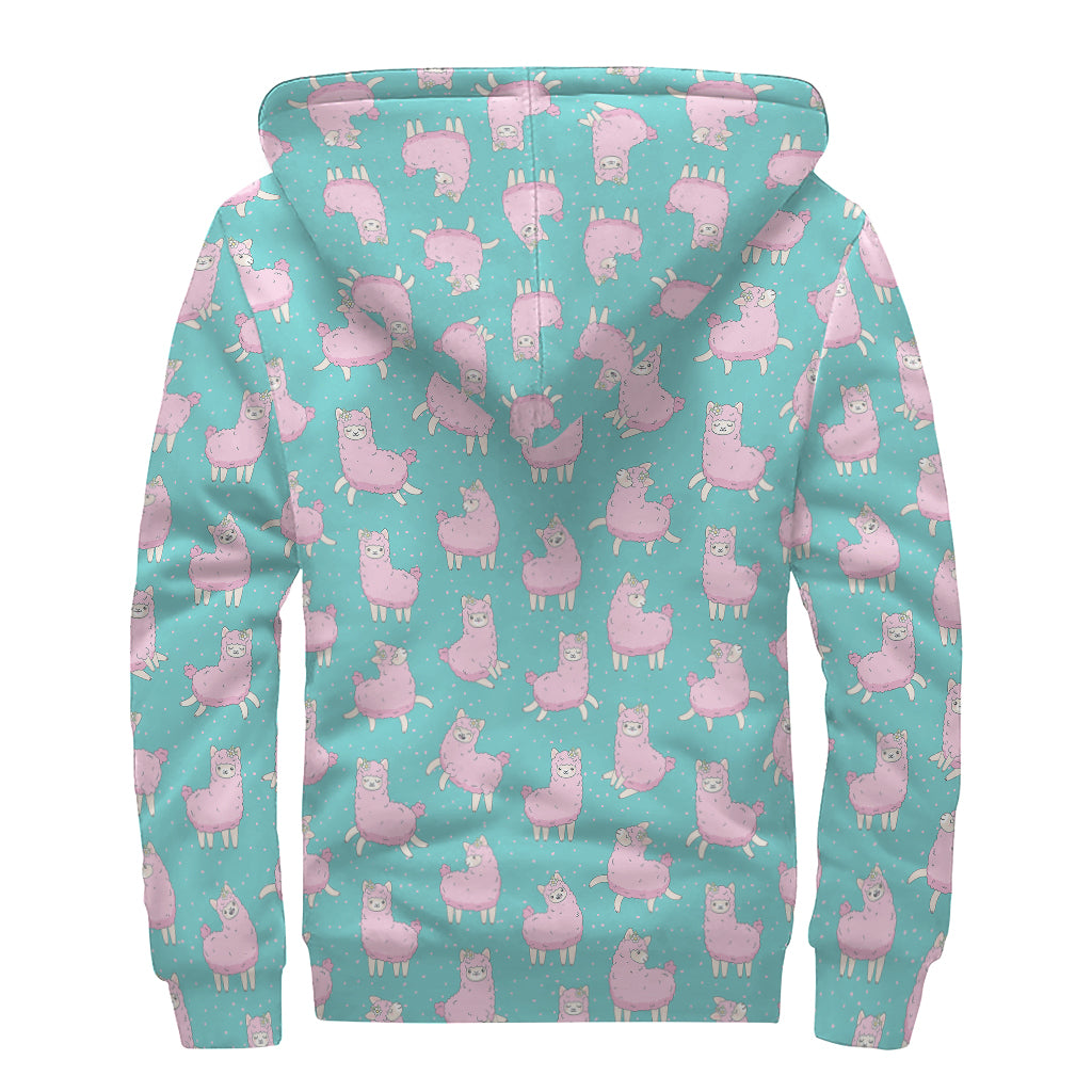 Cute Pink Llama Pattern Print Sherpa Lined Zip Up Hoodie