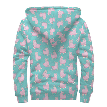 Cute Pink Llama Pattern Print Sherpa Lined Zip Up Hoodie