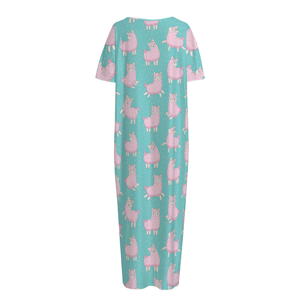 Cute Pink Llama Pattern Print Short Sleeve Long Nightdress