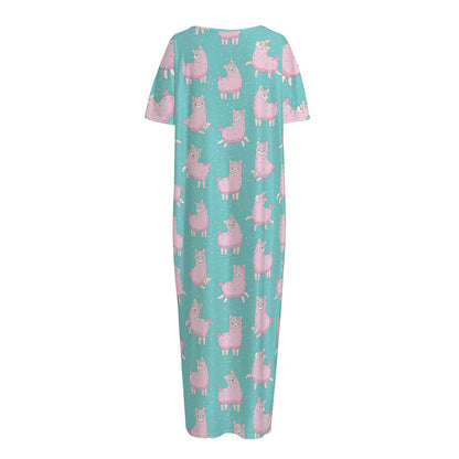 Cute Pink Llama Pattern Print Short Sleeve Long Nightdress