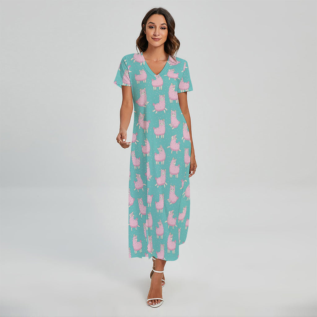 Cute Pink Llama Pattern Print Short Sleeve Maxi Dress