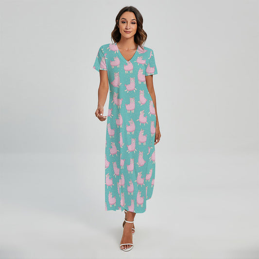 Cute Pink Llama Pattern Print Short Sleeve Maxi Dress