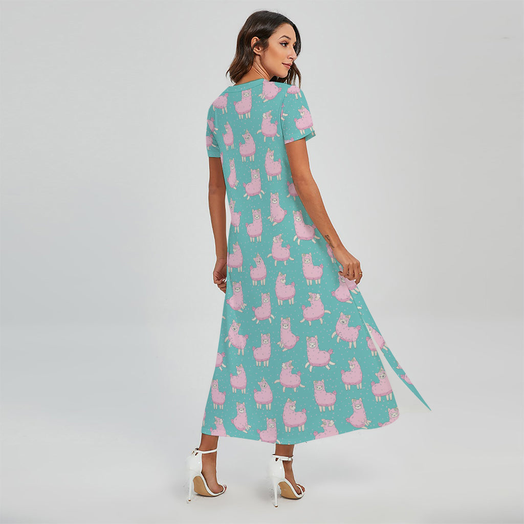 Cute Pink Llama Pattern Print Short Sleeve Maxi Dress