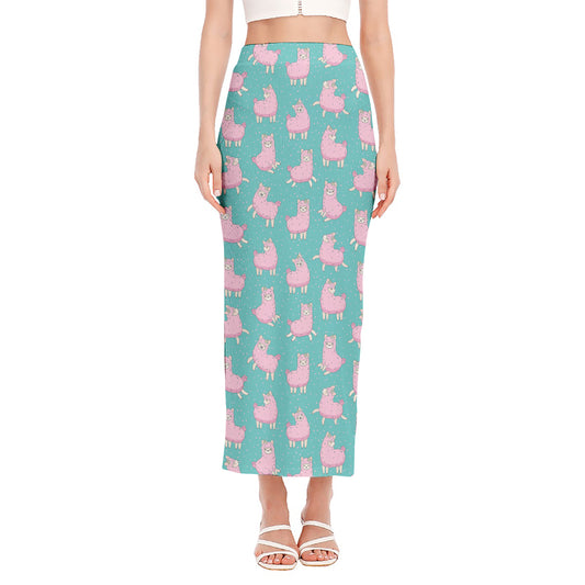 Cute Pink Llama Pattern Print Side Slit Maxi Skirt