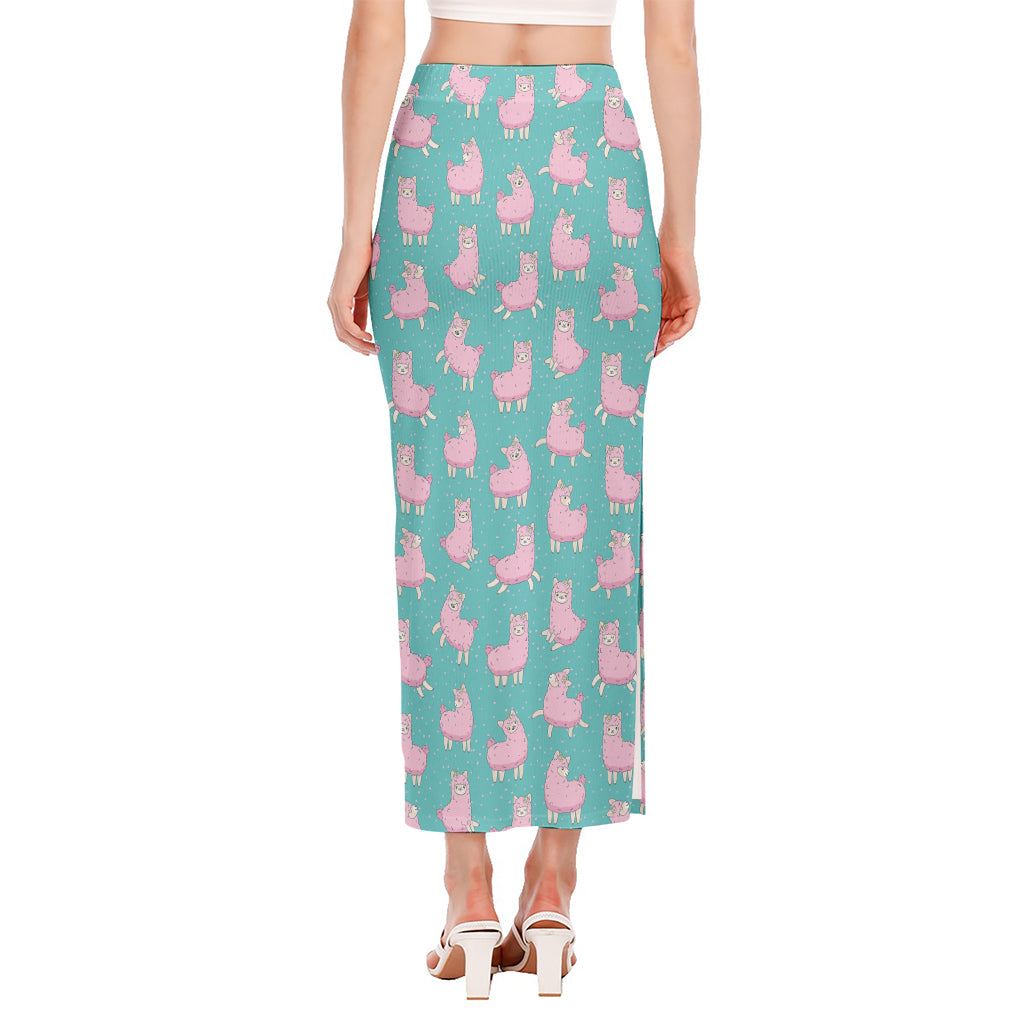 Cute Pink Llama Pattern Print Side Slit Maxi Skirt