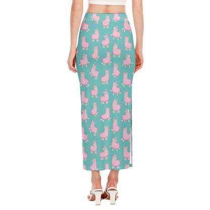 Cute Pink Llama Pattern Print Side Slit Maxi Skirt