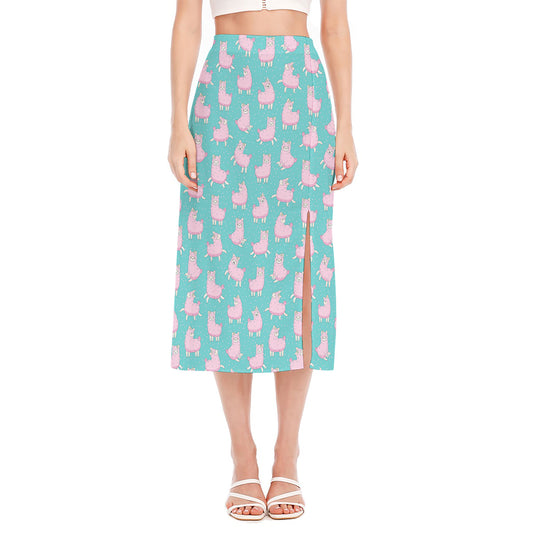 Cute Pink Llama Pattern Print Side Slit Midi Skirt