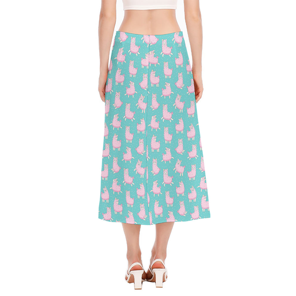 Cute Pink Llama Pattern Print Side Slit Midi Skirt