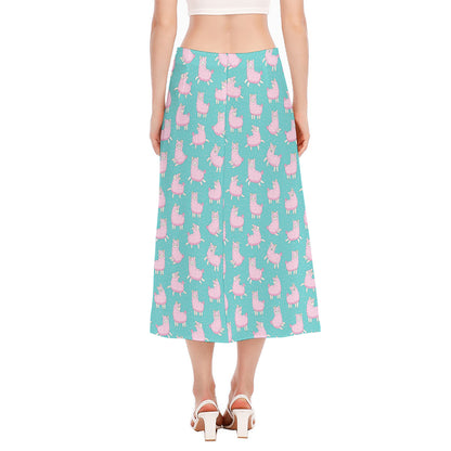 Cute Pink Llama Pattern Print Side Slit Midi Skirt