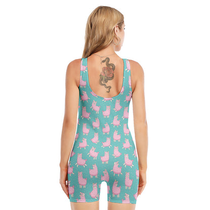 Cute Pink Llama Pattern Print Sleeveless One Piece Swimsuit