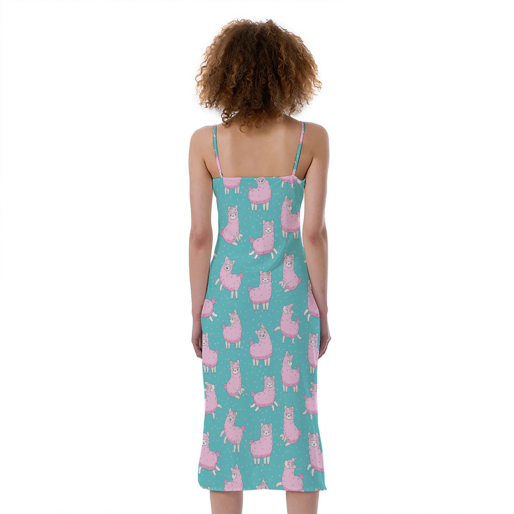 Cute Pink Llama Pattern Print Slim Fit Midi Cami Dress