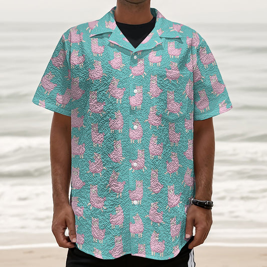 Cute Pink Llama Pattern Print Textured Short Sleeve Shirt