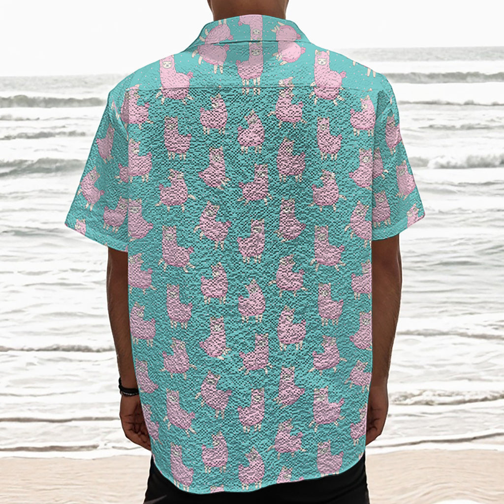 Cute Pink Llama Pattern Print Textured Short Sleeve Shirt
