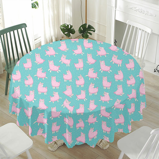 Cute Pink Llama Pattern Print Waterproof Round Tablecloth