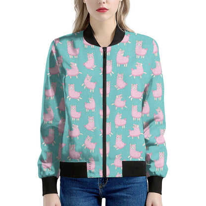 Cute Pink Llama Pattern Print Women's Bomber Jacket