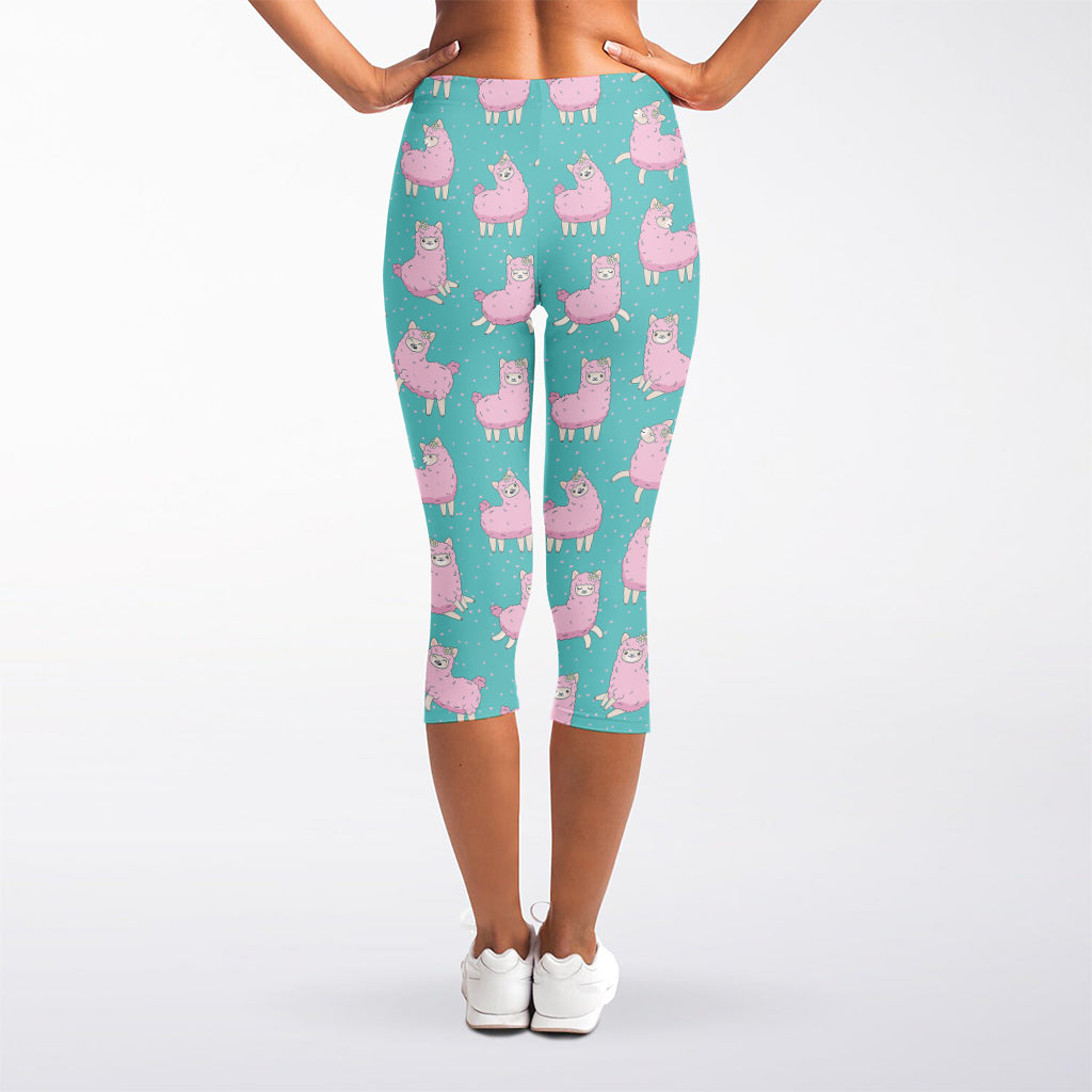 Cute Pink Llama Pattern Print Women's Capri Leggings