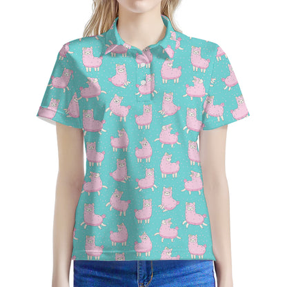 Cute Pink Llama Pattern Print Women's Polo Shirt