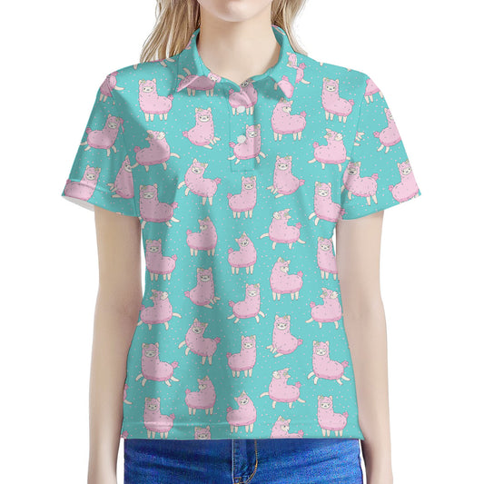 Cute Pink Llama Pattern Print Women's Polo Shirt