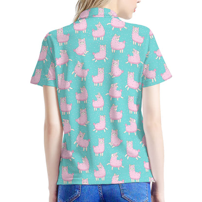 Cute Pink Llama Pattern Print Women's Polo Shirt