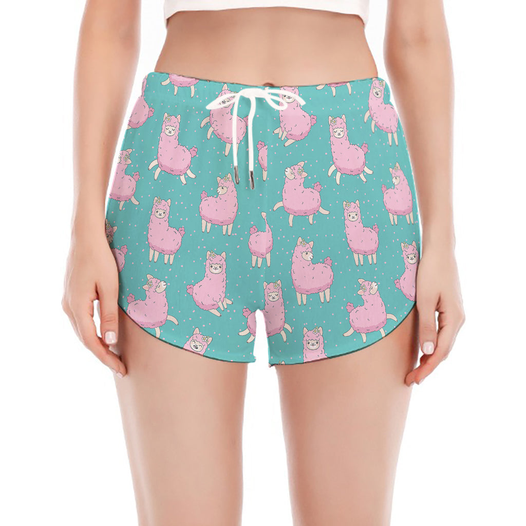 Cute Pink Llama Pattern Print Women's Split Running Shorts