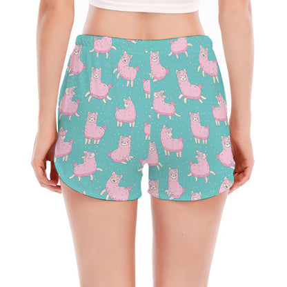 Cute Pink Llama Pattern Print Women's Split Running Shorts