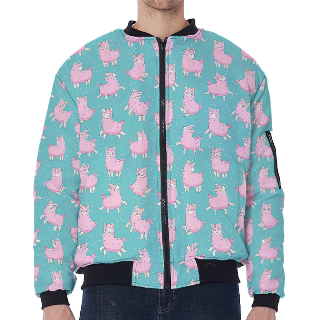 Cute Pink Llama Pattern Print Zip Sleeve Bomber Jacket