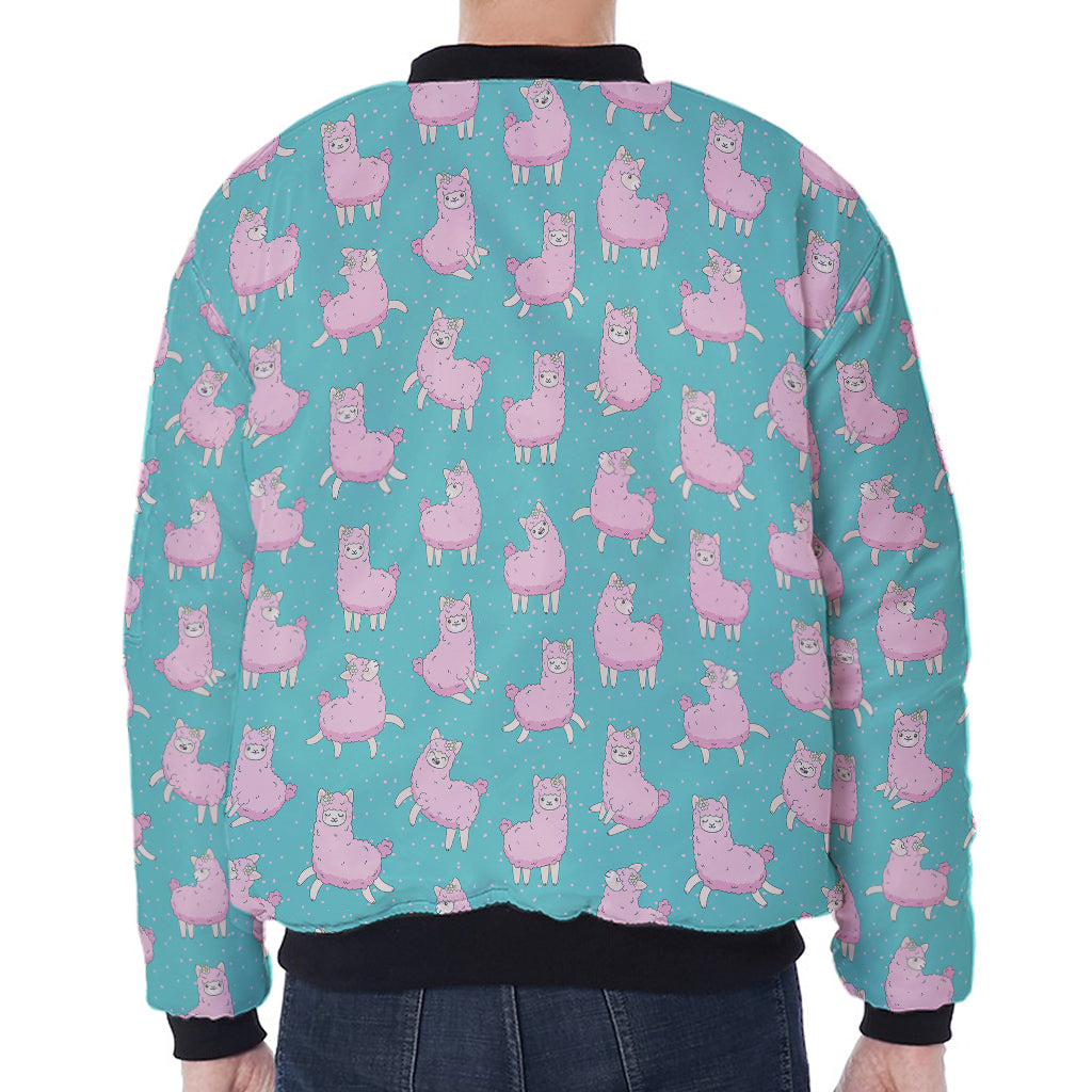 Cute Pink Llama Pattern Print Zip Sleeve Bomber Jacket