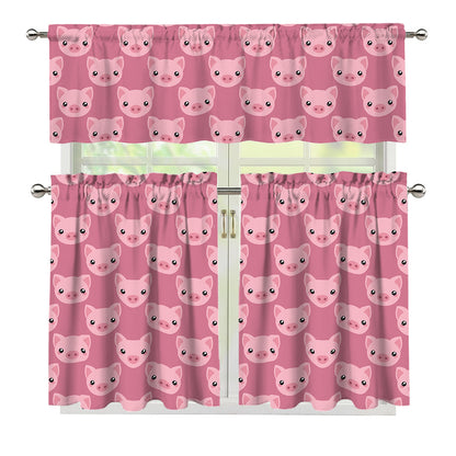 Cute Pink Pig Pattern Print 3 Piece Kitchen Curtains