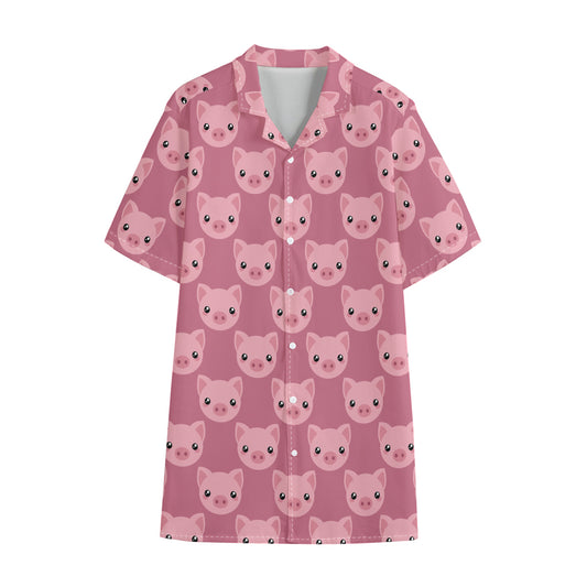 Cute Pink Pig Pattern Print Cotton Hawaiian Shirt