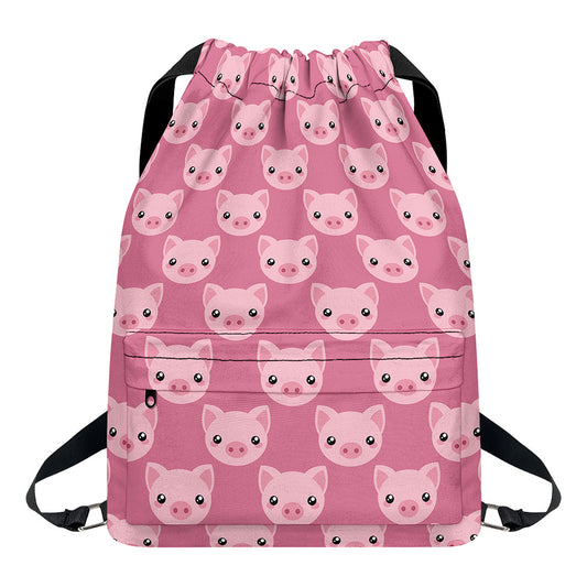 Cute Pink Pig Pattern Print Drawstring Backpack
