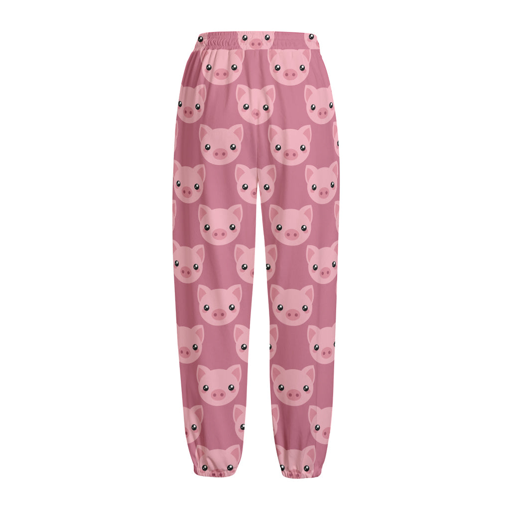 Cute Pink Pig Pattern Print Fleece Lined Knit Pants