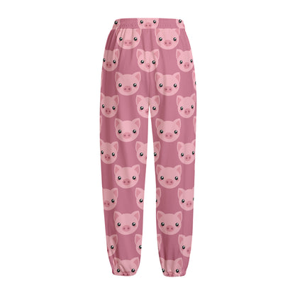 Cute Pink Pig Pattern Print Fleece Lined Knit Pants
