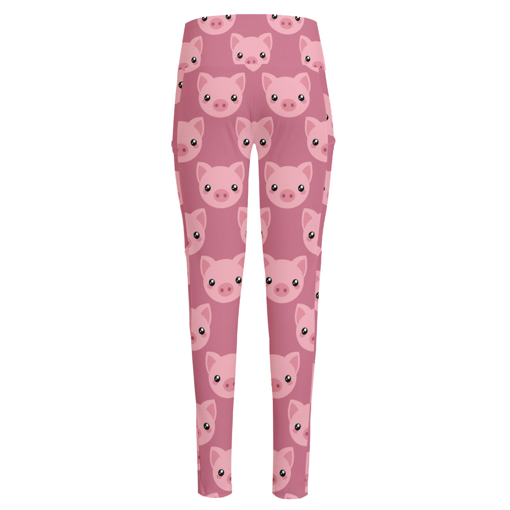 Cute Pink Pig Pattern Print High-Waisted Pocket Leggings