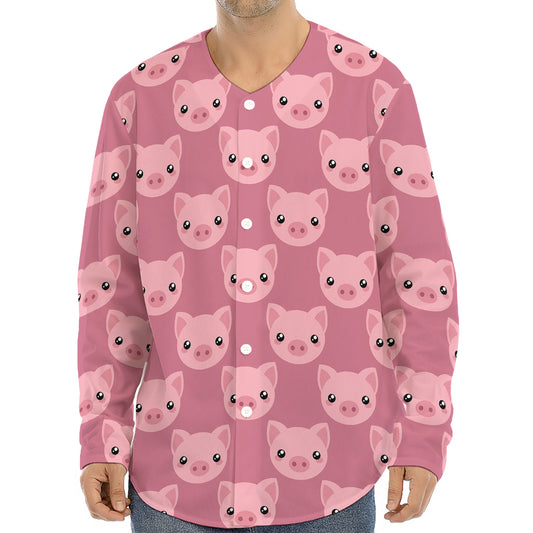 Cute Pink Pig Pattern Print Long Sleeve Baseball Jersey